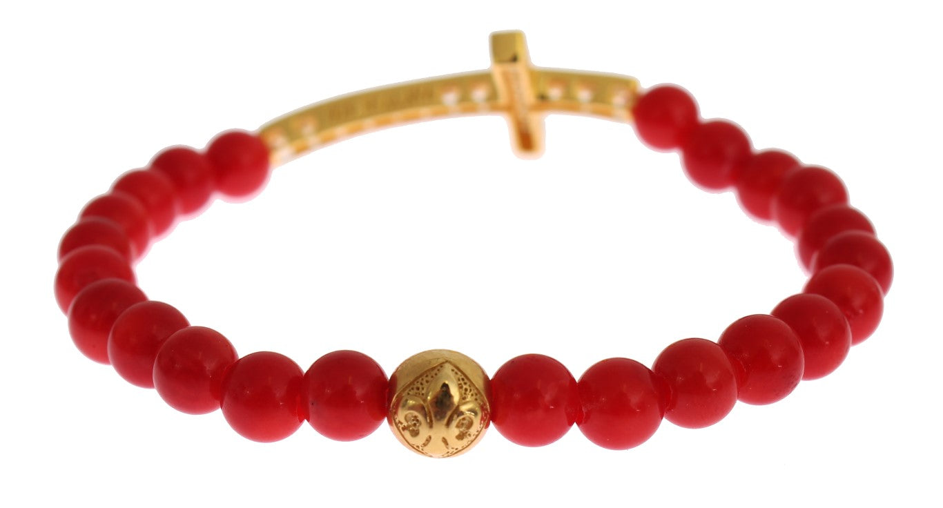 Bracciale Nialaya in corallo rosso, oro e zirconi cubici con croce in argento 925