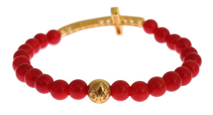 Bracciale Nialaya in corallo rosso, oro e zirconi cubici con croce in argento 925