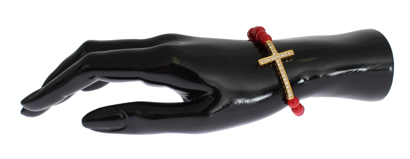 Bracciale Nialaya in corallo rosso, oro e zirconi cubici con croce in argento 925