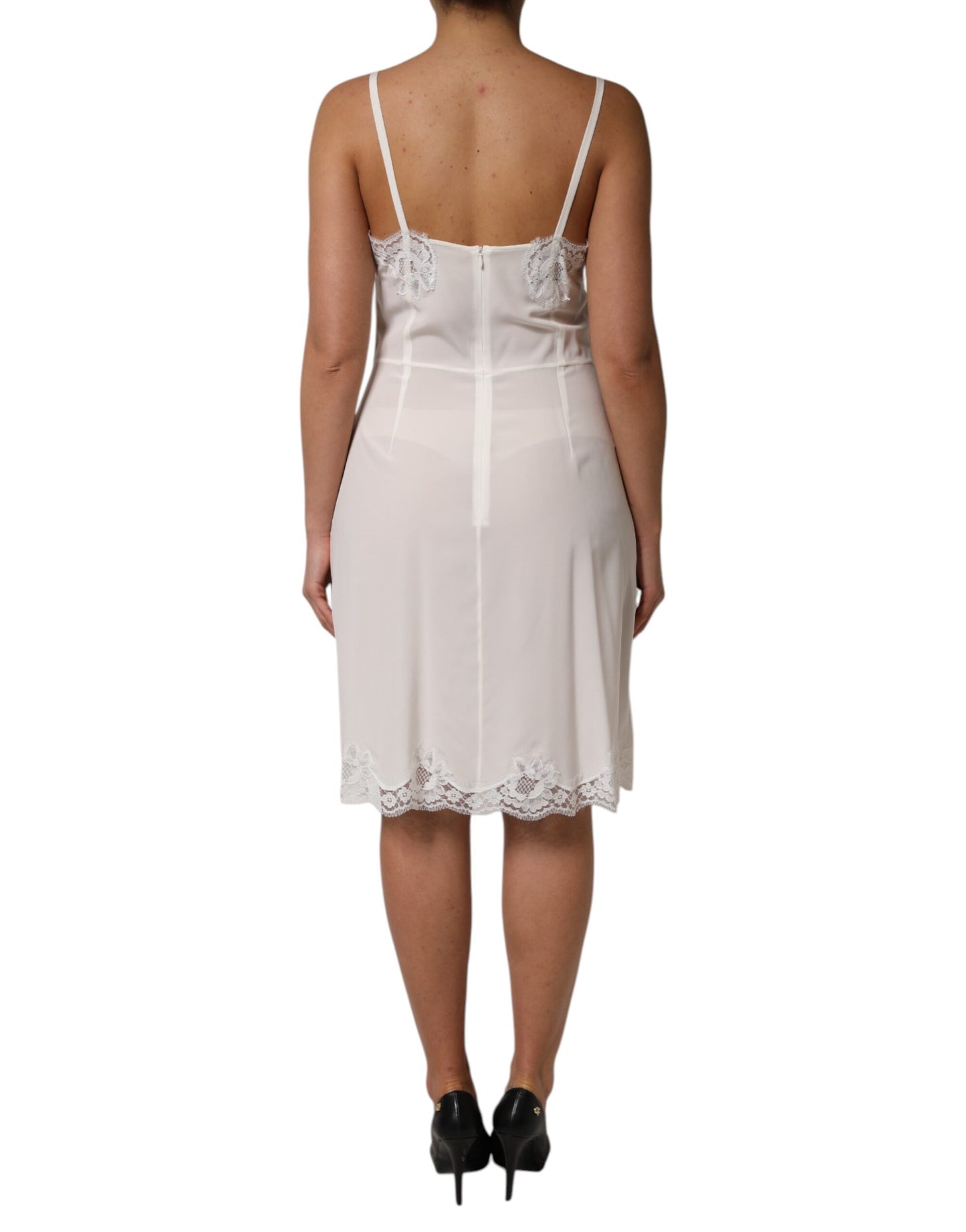 Dolce &amp; Gabbana Abito da notte in seta con logo DG dorato e pizzo bianco