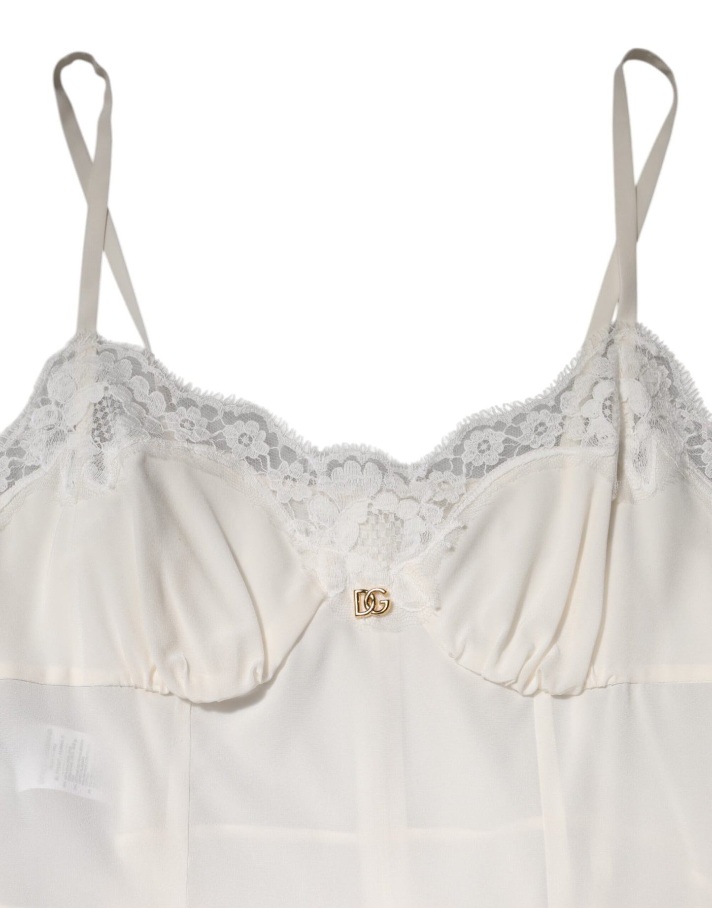 Dolce &amp; Gabbana Abito da notte in seta con logo DG dorato e pizzo bianco
