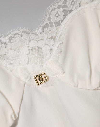 Dolce &amp; Gabbana Abito da notte in seta con logo DG dorato e pizzo bianco