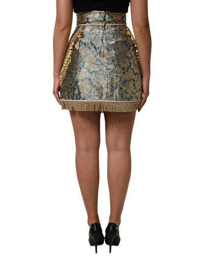 Minigonna con nappe in jacquard floreale blu Dolce &amp; Gabbana