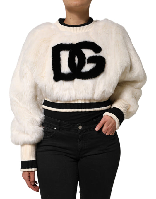Dolce &amp; Gabbana Felpa con cappuccio in pelliccia sintetica bianca corta DG