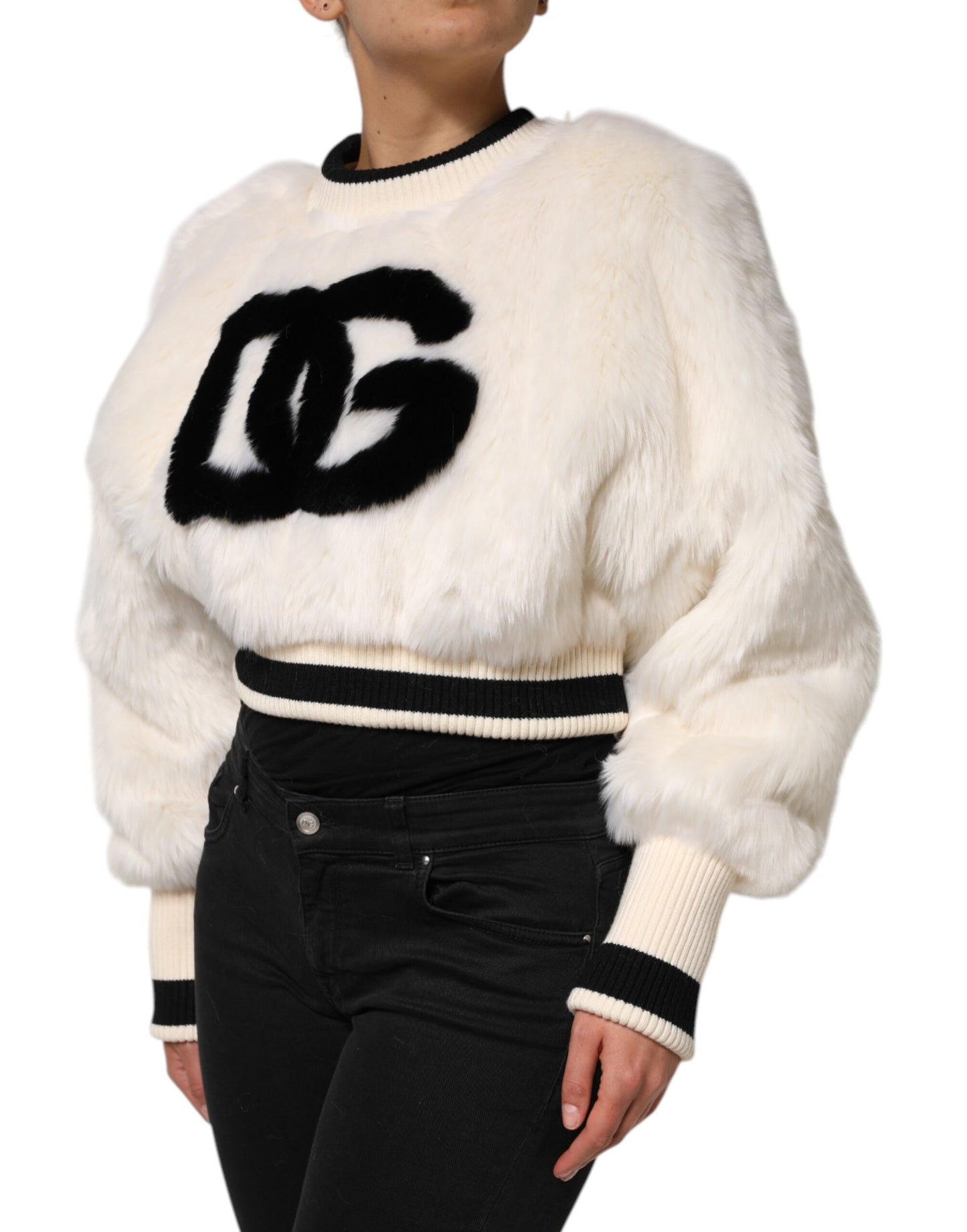Dolce &amp; Gabbana Felpa con cappuccio in pelliccia sintetica bianca corta DG