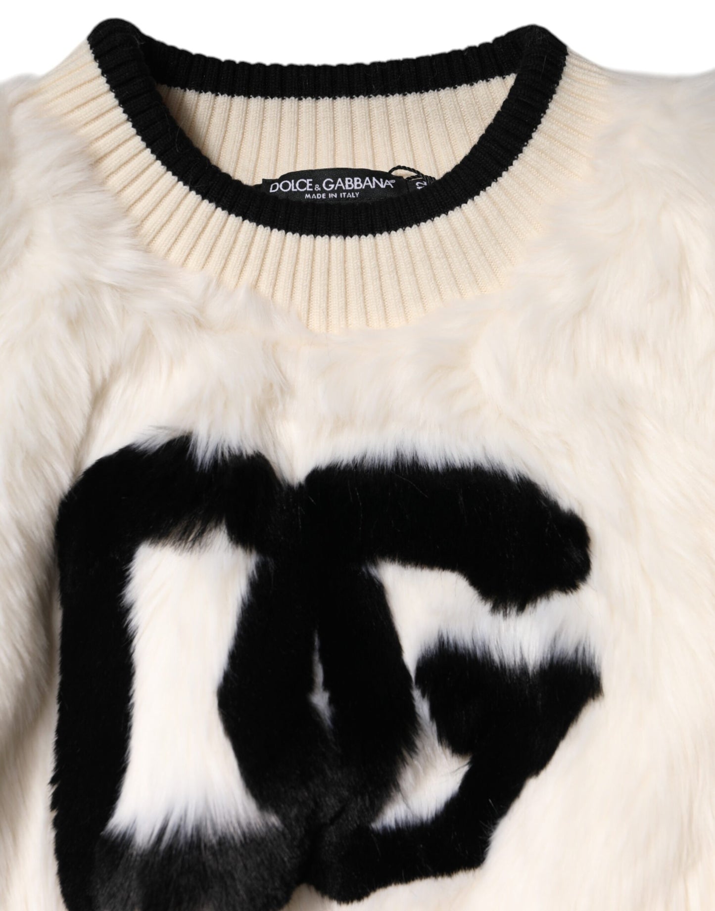 Dolce &amp; Gabbana Felpa con cappuccio in pelliccia sintetica bianca corta DG