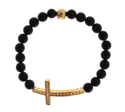 Bracciale in argento 925 con croce in pietra di onice opaca Nialaya e zirconi cubici dorati