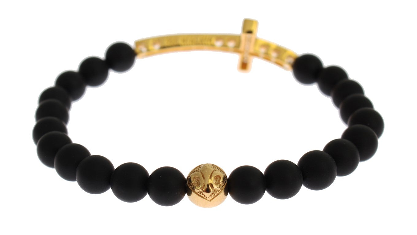 Bracciale in argento 925 con croce in pietra di onice opaca Nialaya e zirconi cubici dorati