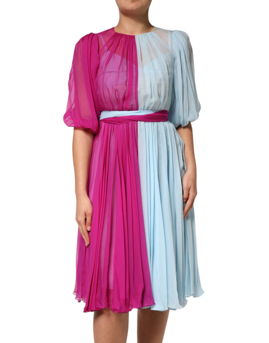 Dolce &amp; Gabbana Abito midi in seta bicolore fucsia azzurro
