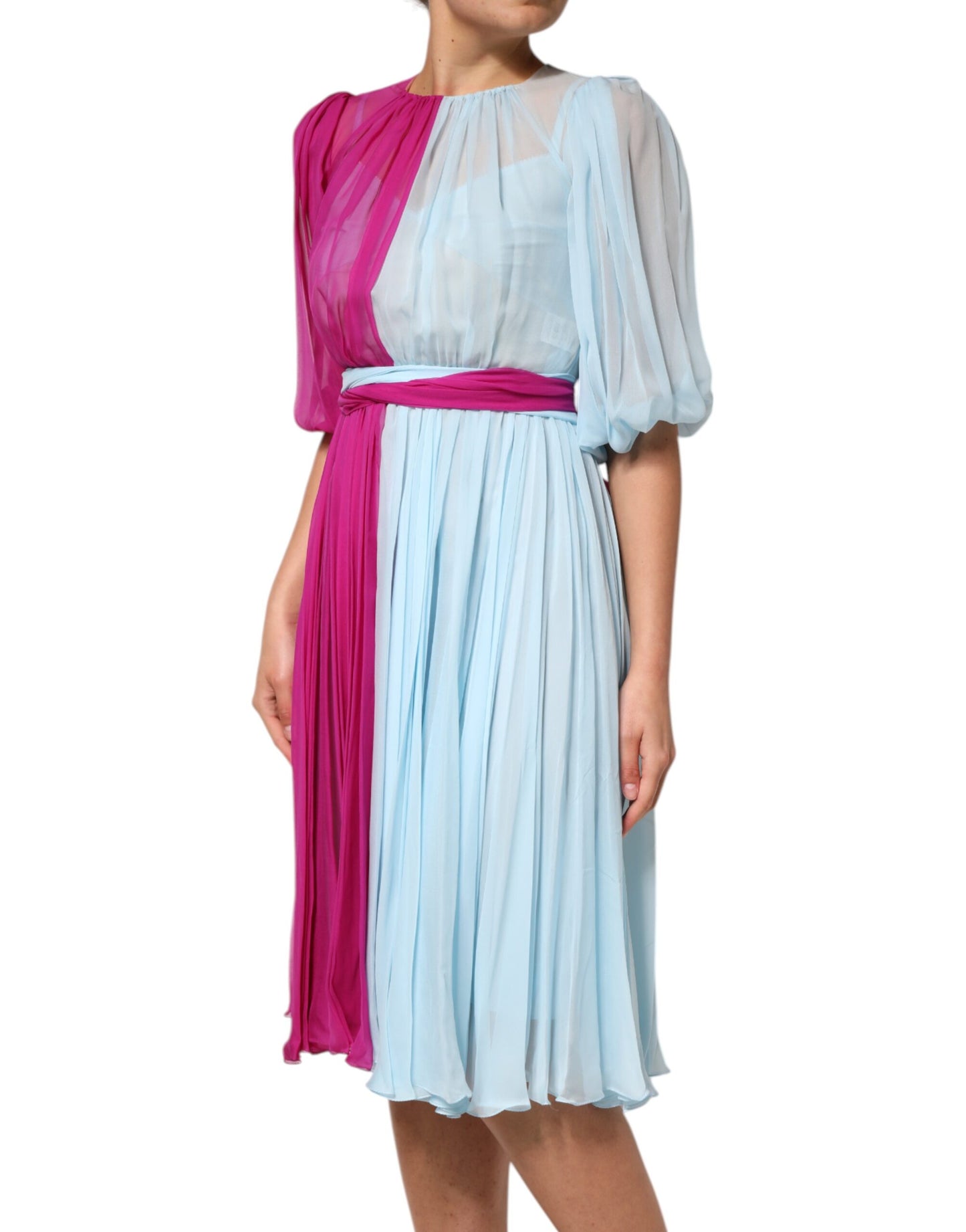 Dolce &amp; Gabbana Abito midi in seta bicolore fucsia azzurro