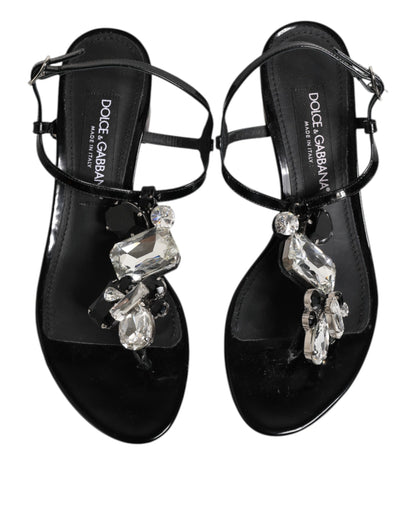 Sandali con cinturino alla caviglia in pelle nera e cristalli Dolce &amp; Gabbana