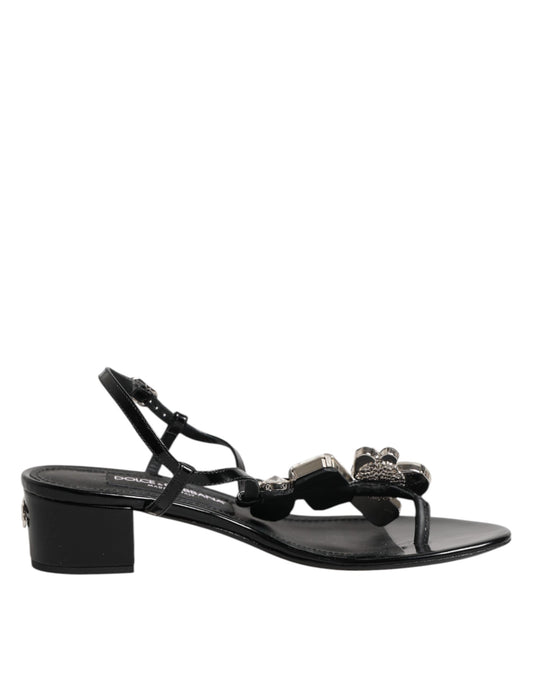Sandali con cinturino alla caviglia in pelle nera e cristalli Dolce &amp; Gabbana