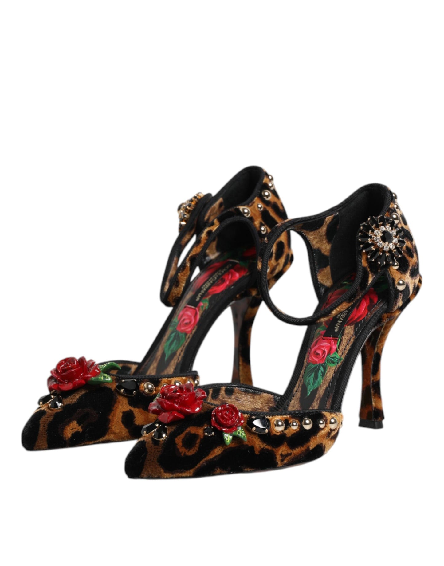 Scarpe con tacco Dolce &amp; Gabbana con cristalli e rose leopardate marroni