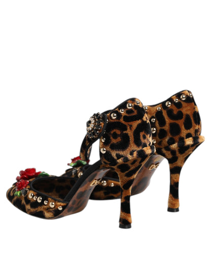 Scarpe con tacco Dolce &amp; Gabbana con cristalli e rose leopardate marroni