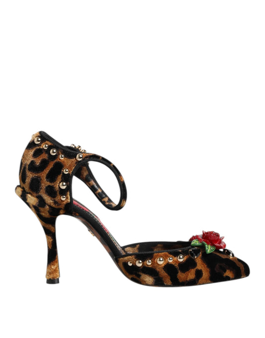 Scarpe con tacco Dolce &amp; Gabbana con cristalli e rose leopardate marroni