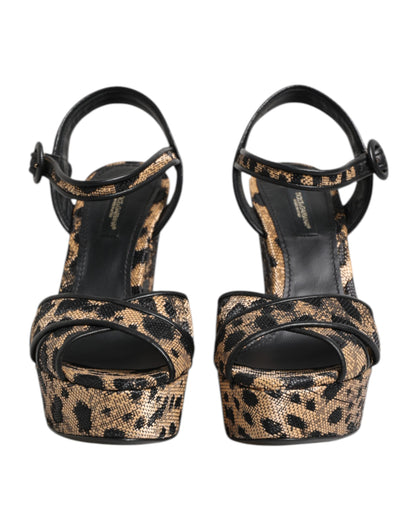 Sandali con cinturino alla caviglia e zeppa leopardata marrone Dolce &amp; Gabbana