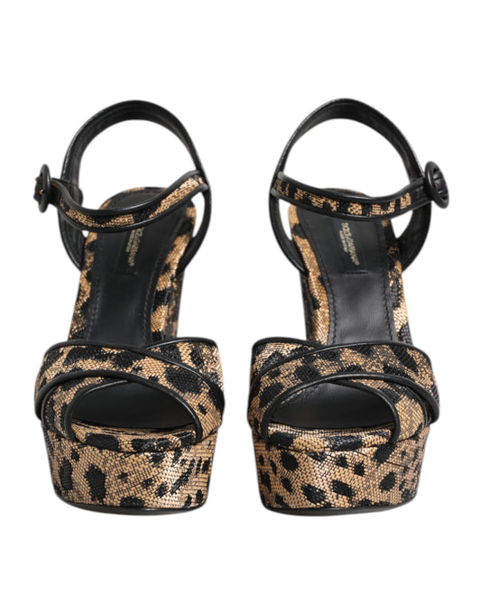 Sandali con cinturino alla caviglia e zeppa leopardata marrone Dolce &amp; Gabbana