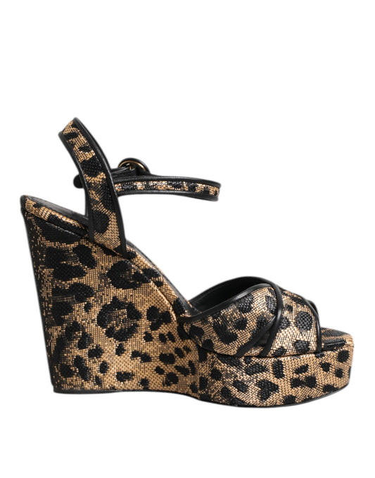 Sandali con cinturino alla caviglia e zeppa leopardata marrone Dolce &amp; Gabbana