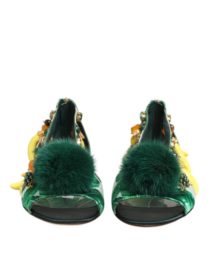 Sandali Dolce &amp; Gabbana in raso con pelliccia di visone verde e foglie di banana
