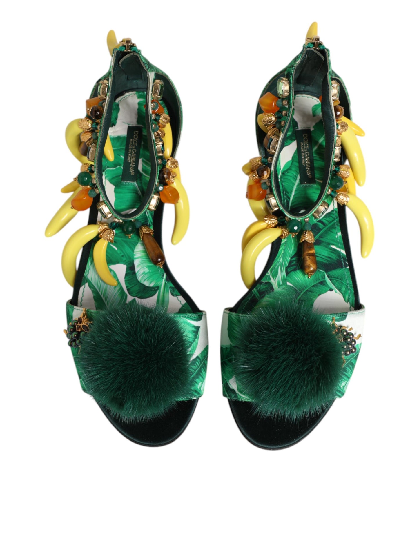 Sandali Dolce &amp; Gabbana in raso con pelliccia di visone verde e foglie di banana