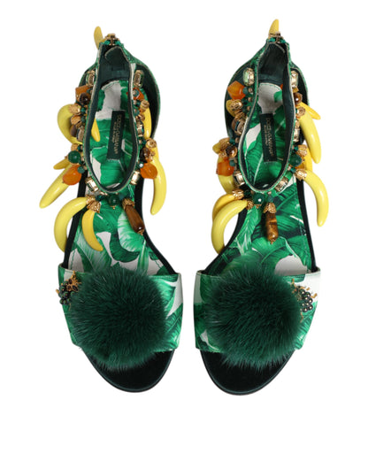Sandali Dolce &amp; Gabbana in raso con pelliccia di visone verde e foglie di banana