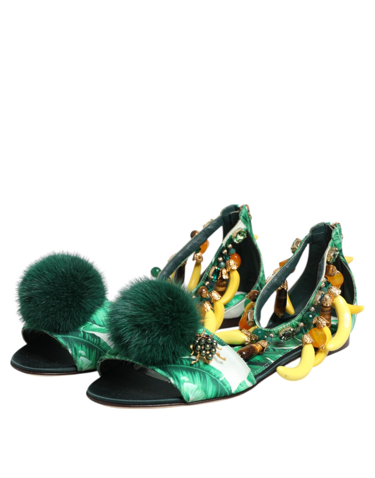 Sandali Dolce &amp; Gabbana in raso con pelliccia di visone verde e foglie di banana