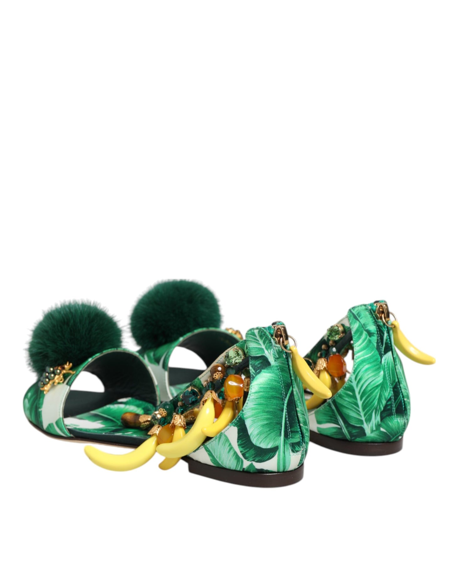 Sandali Dolce &amp; Gabbana in raso con pelliccia di visone verde e foglie di banana