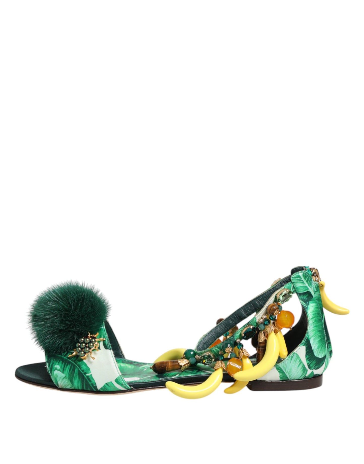 Sandali Dolce &amp; Gabbana in raso con pelliccia di visone verde e foglie di banana