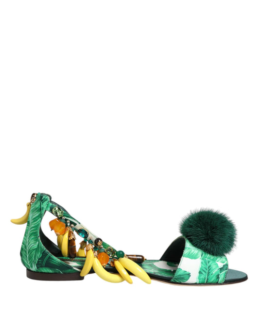 Sandali Dolce &amp; Gabbana in raso con pelliccia di visone verde e foglie di banana