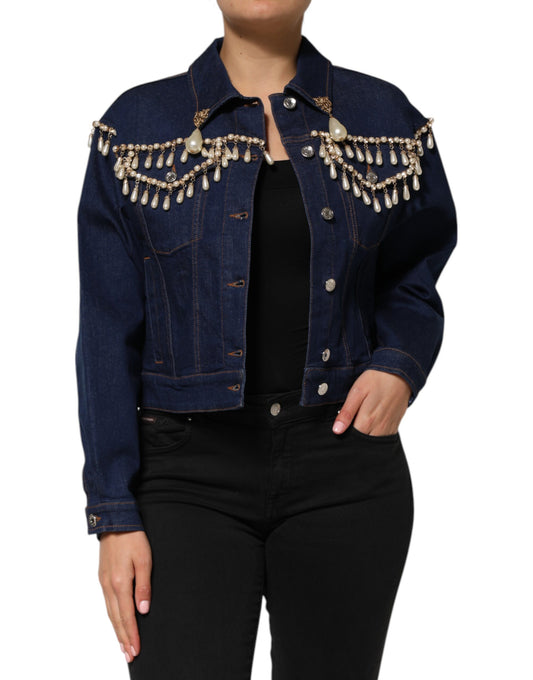 Giacca in denim di cotone blu con cristalli Dolce &amp; Gabbana