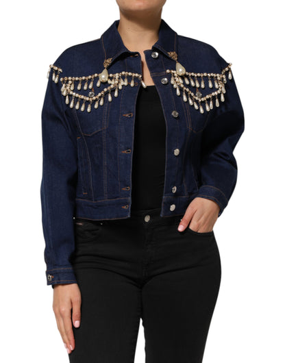 Giacca in denim di cotone blu con cristalli Dolce &amp; Gabbana