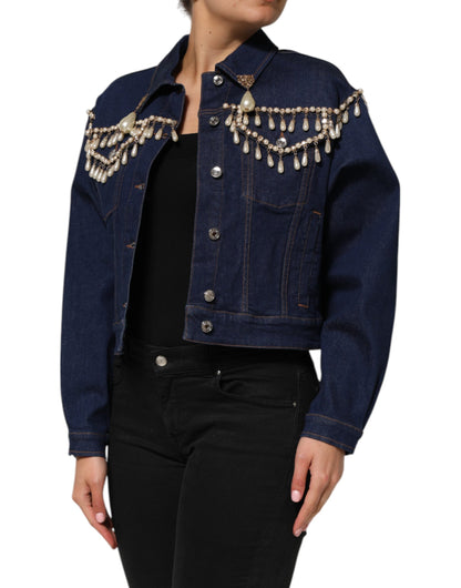 Giacca in denim di cotone blu con cristalli Dolce &amp; Gabbana