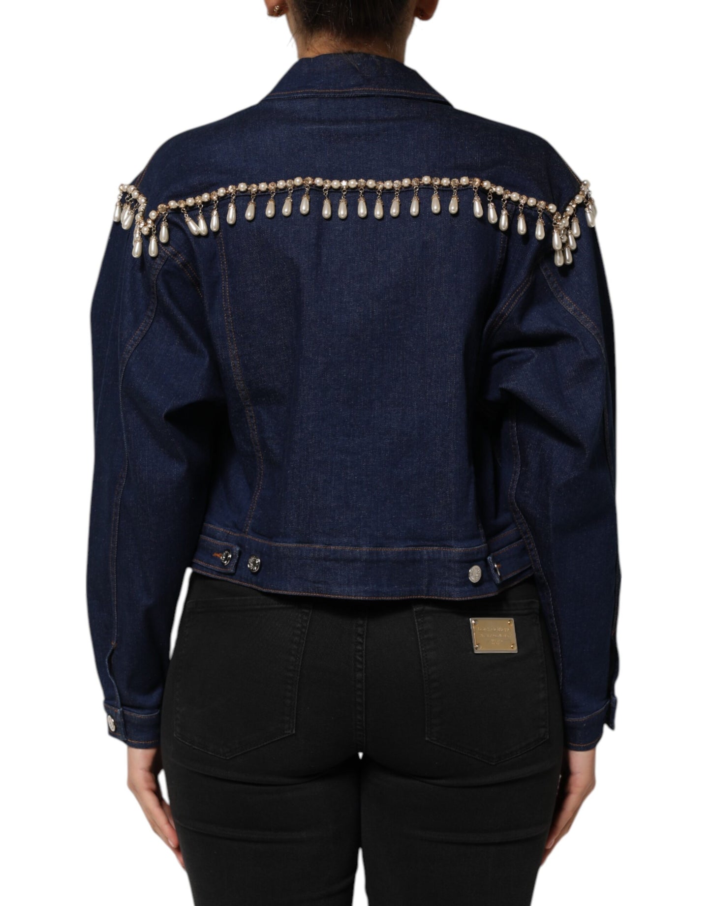 Giacca in denim di cotone blu con cristalli Dolce &amp; Gabbana