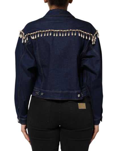 Giacca in denim di cotone blu con cristalli Dolce &amp; Gabbana