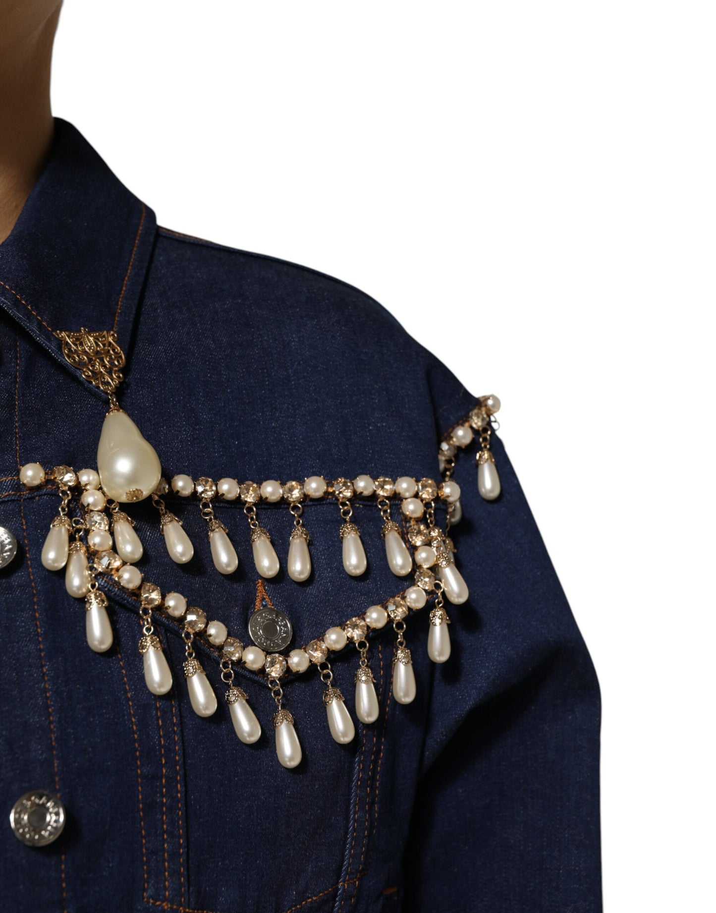 Giacca in denim di cotone blu con cristalli Dolce &amp; Gabbana