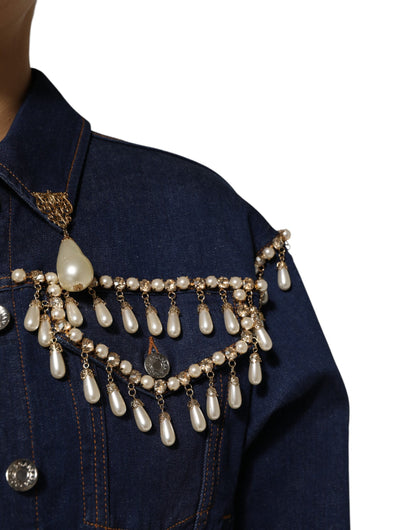 Giacca in denim di cotone blu con cristalli Dolce &amp; Gabbana