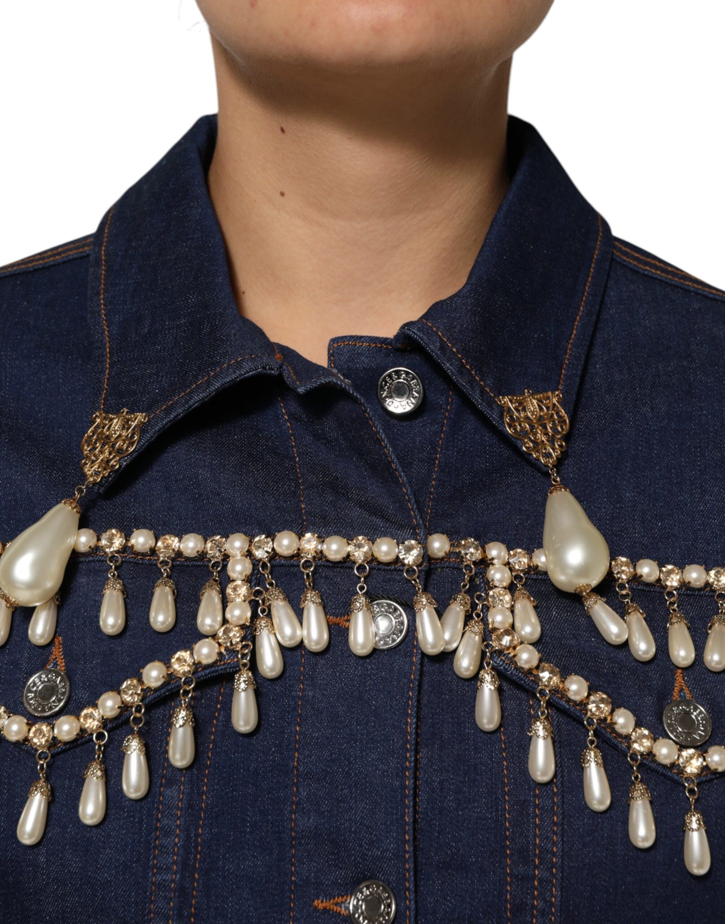 Giacca in denim di cotone blu con cristalli Dolce &amp; Gabbana