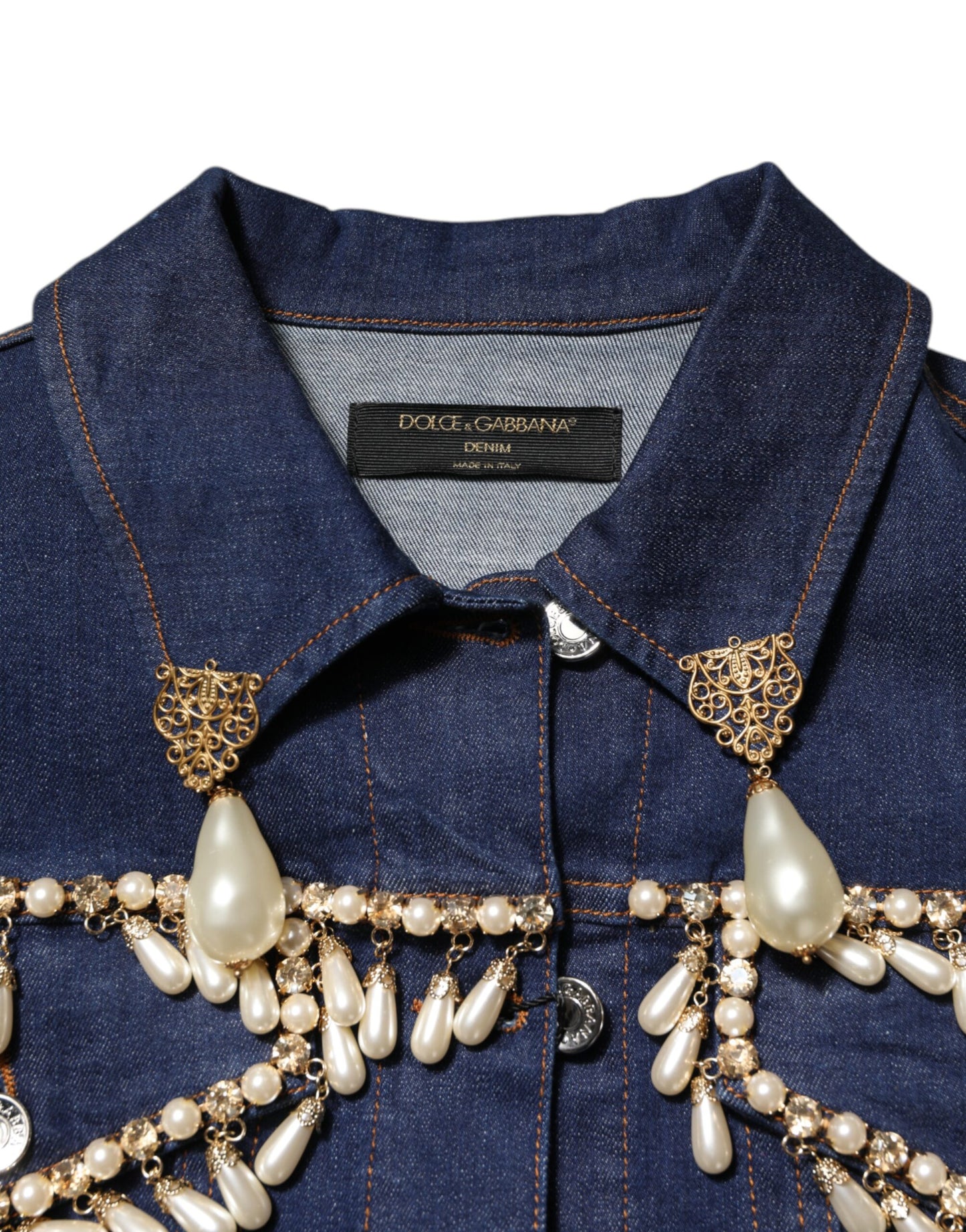 Giacca in denim di cotone blu con cristalli Dolce &amp; Gabbana