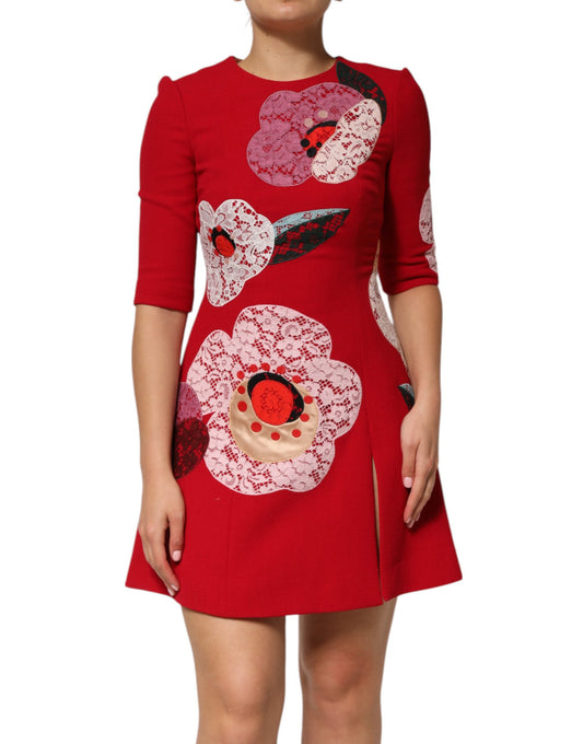 Dolce &amp; Gabbana Mini abito a trapezio con applicazioni floreali in pizzo rosso