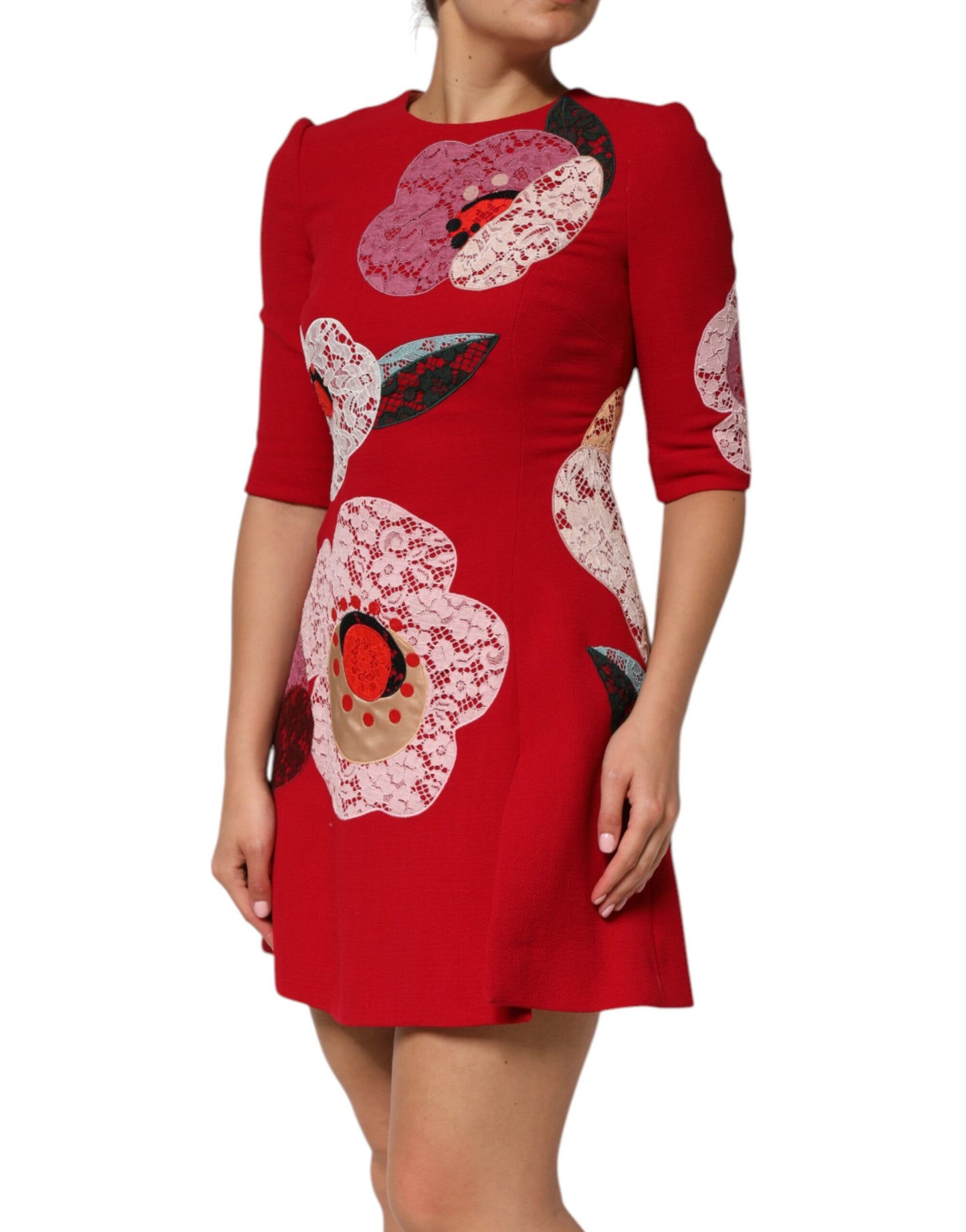 Dolce &amp; Gabbana Mini abito a trapezio con applicazioni floreali in pizzo rosso