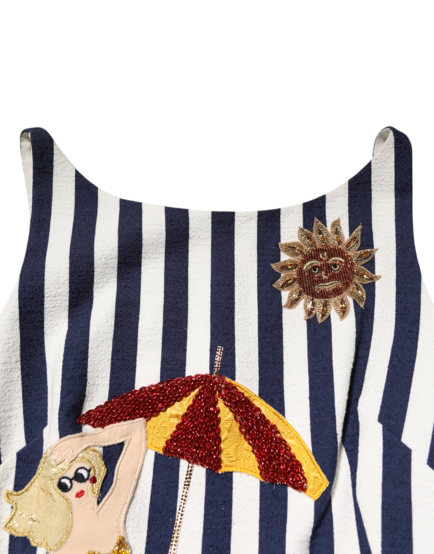 Abito a trapezio ricamato a righe bianche e blu di Dolce &amp; Gabbana