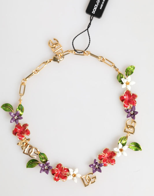 Collana con logo Dolce &amp; Gabbana in ottone dorato e dettagli floreali