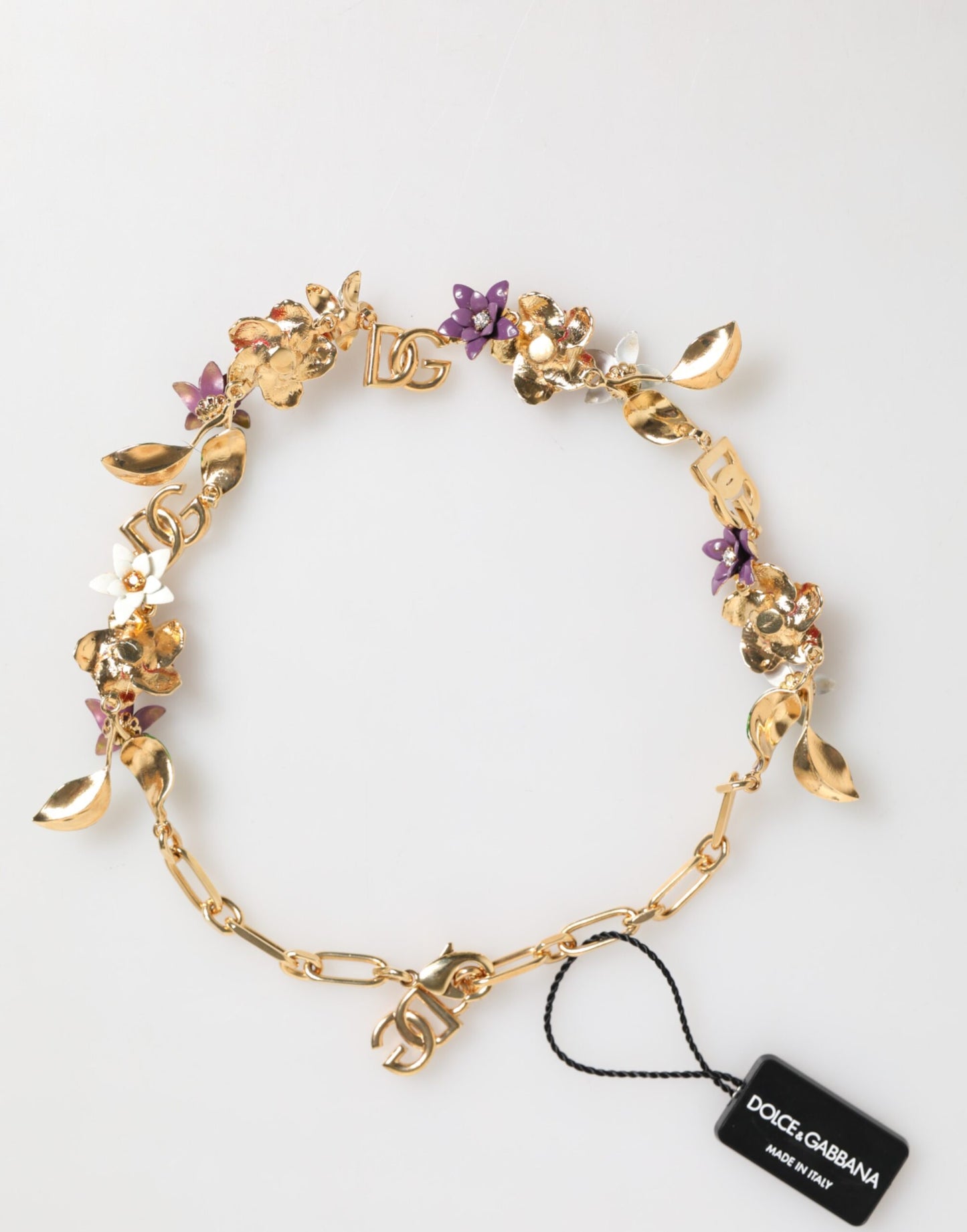 Collana con logo Dolce &amp; Gabbana in ottone dorato e dettagli floreali