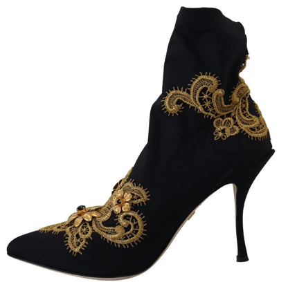 Dolce &amp; Gabbana Stivali con ricami in oro nero e cristalli