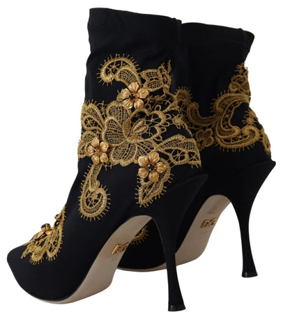 Dolce &amp; Gabbana Stivali con ricami in oro nero e cristalli