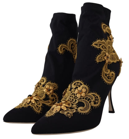 Dolce &amp; Gabbana Stivali con ricami in oro nero e cristalli