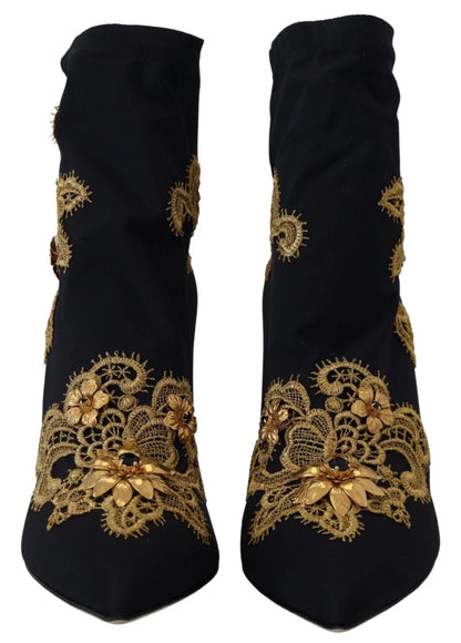 Dolce &amp; Gabbana Stivali con ricami in oro nero e cristalli