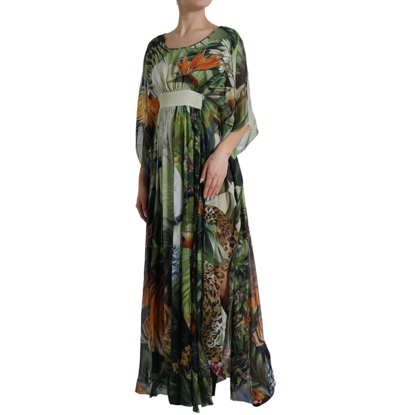 Abito lungo da donna Dolce &amp; Gabbana in seta multicolore con stampa giungla