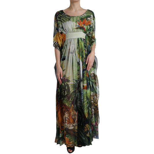 Abito lungo da donna Dolce &amp; Gabbana in seta multicolore con stampa giungla