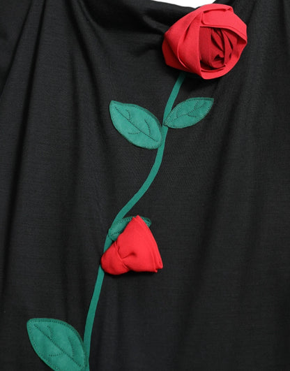 Abito senza maniche in lana nera con applicazione di rose Dolce &amp; Gabbana